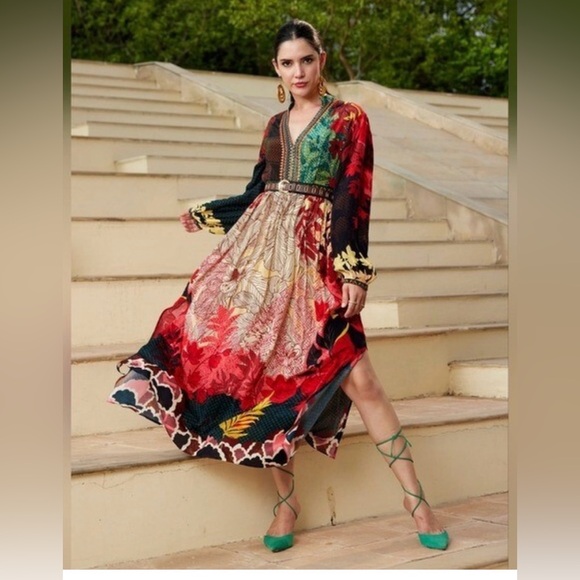 Bhanuni By Jyoti Dresses & Skirts - Boho Bhanuni by Jyoti Obsidian Mixed Print Boho Beaded V-Neck Maxi Dress Sz 20W